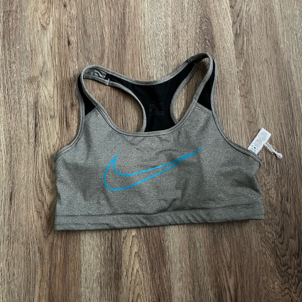 Nike Gray Blue Swoosh Sports Bra Dri-Fit Racerback Gym Active Athletic Pro